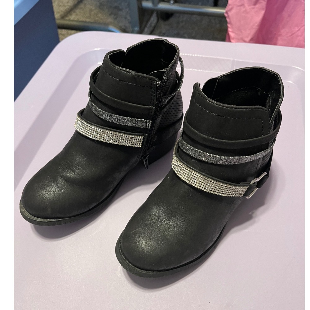 Jellypop Kids Black Rhinestone Glitter Strap Ankle Boots Side Zip Size 1M
